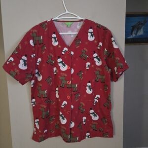 Health Pro Holiday Scrub Medium Christmas Nurse Top Shirt Festive Snowman